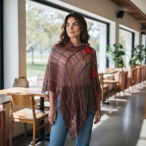 Rosy Brown Blue Red Green Checkered  Poncho Vest Scarf Adjustable Tassel …